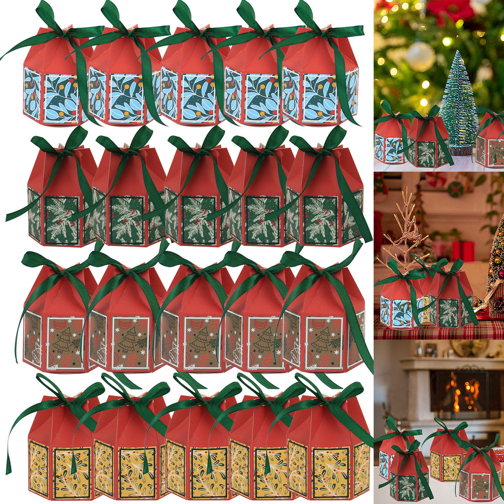 Yellow Christmas treat box with tree bell pattern showing retro bakery style design flat lay composition