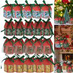 Yellow Christmas treat box with tree bell pattern showing retro bakery style design flat lay composition