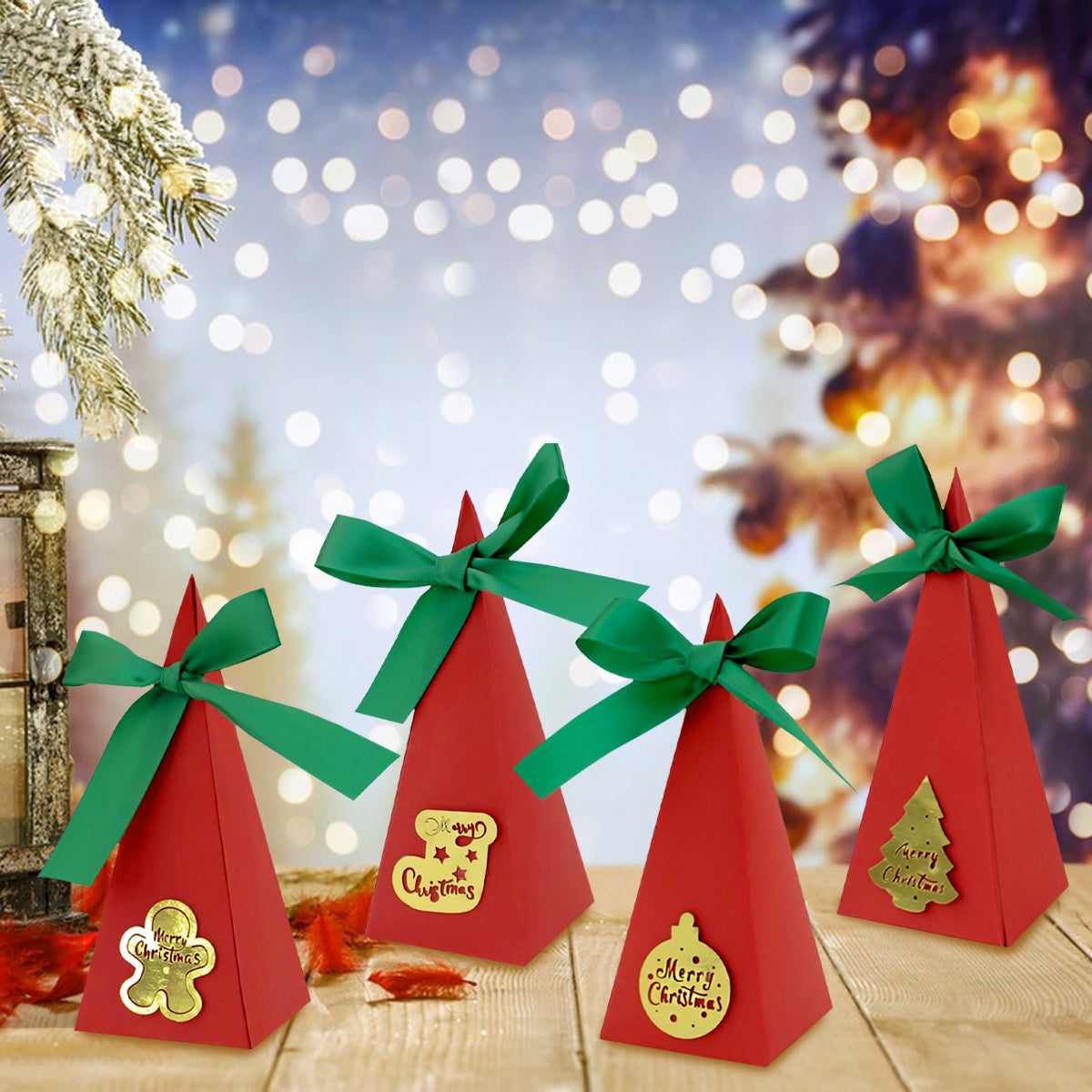 Filled Christmas candy boxes ready for gifting
