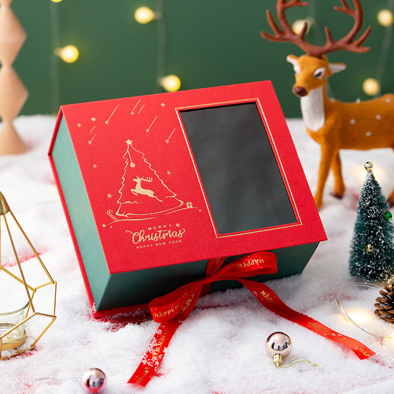 Festive red gift box open view showing holiday presentation possibilities