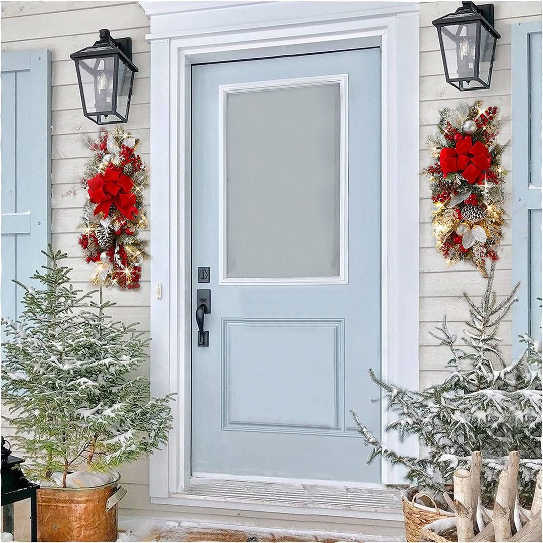 Glowing upside down Christmas tree door curtain in red light for festive entryway decor Main image
