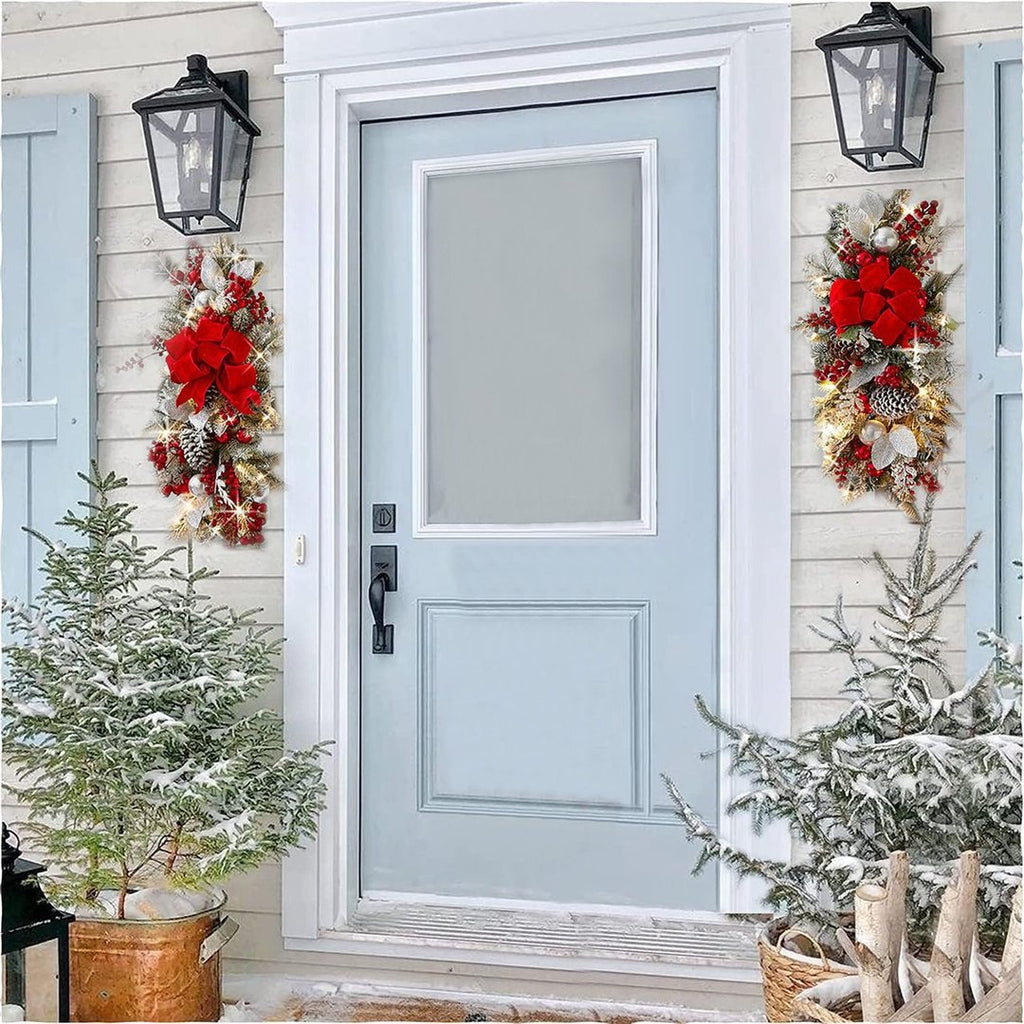 Glowing upside down Christmas tree door curtain in red light for festive entryway decor
