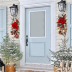 Glowing upside down Christmas tree door curtain in red light for festive entryway decor
