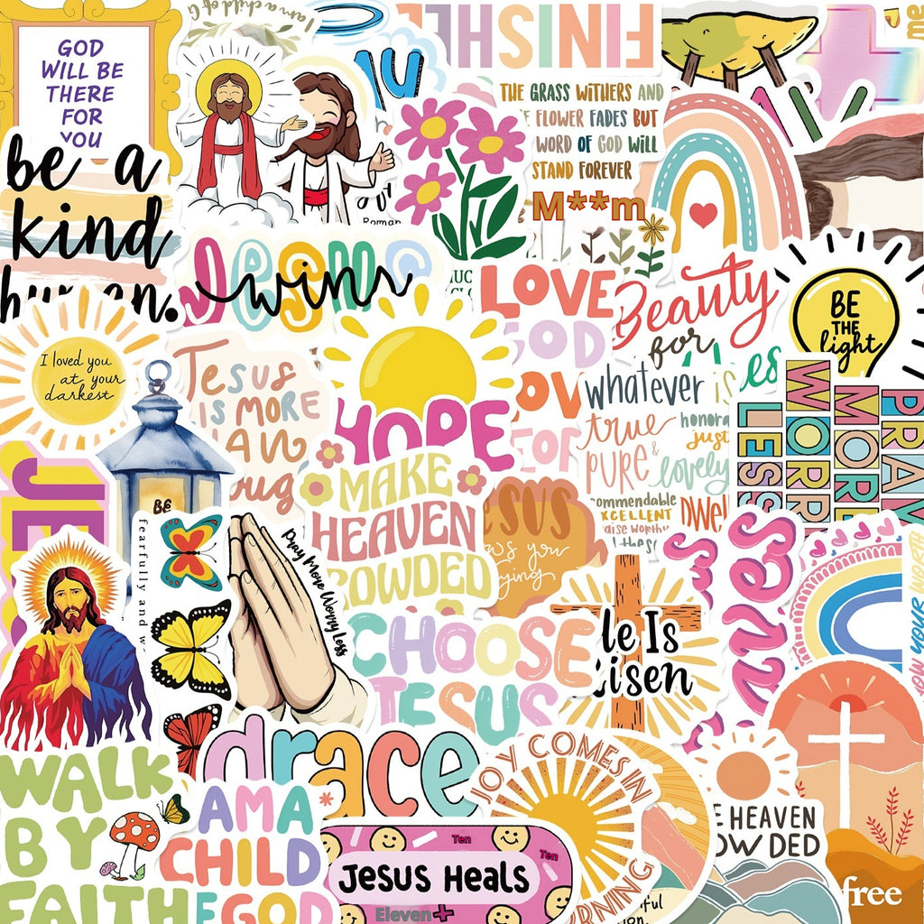 Colorful Jesus Christian graffiti stickers featuring waterproof, repositionable design for creative faith expression