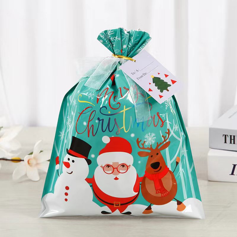Christmas drawstring bag displaying metallic finish for holiday gift presentation
