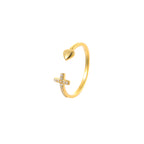 925 sterling silver cross and heart ring with gold plating on display