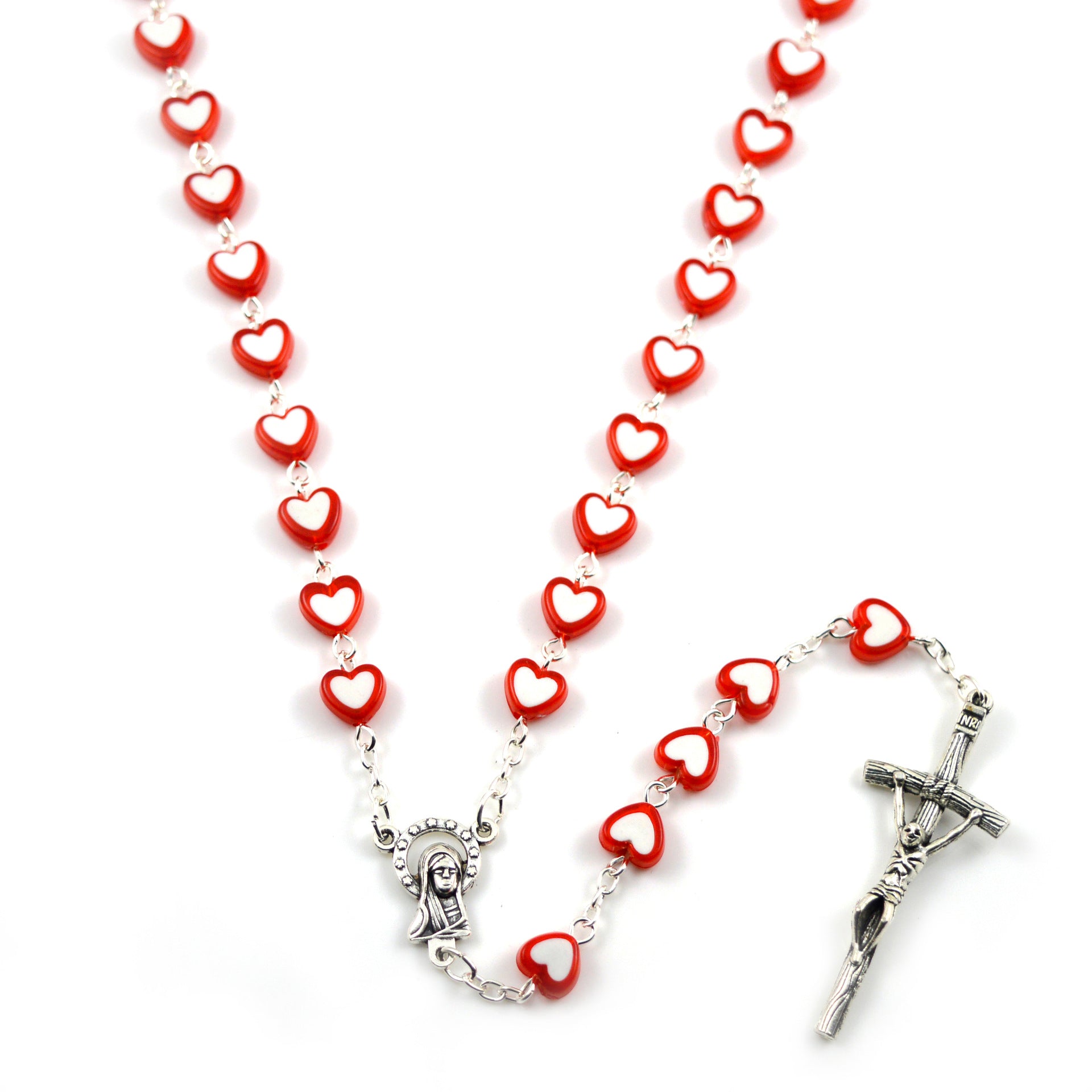 Heart-shaped religious pendant with Jesus Virgin Mary cross detail