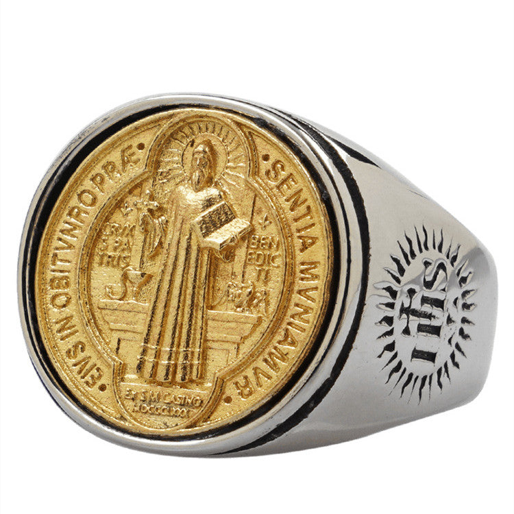 Men's faith ring in titanium steel and copper showing height and proportions