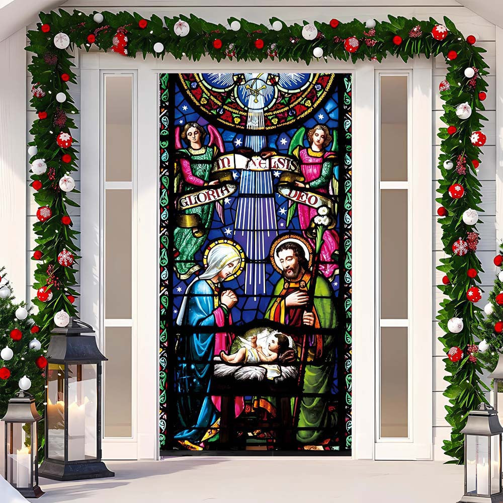 Geometric Christmas door curtain tapestry hanging on doorway for holiday decorating