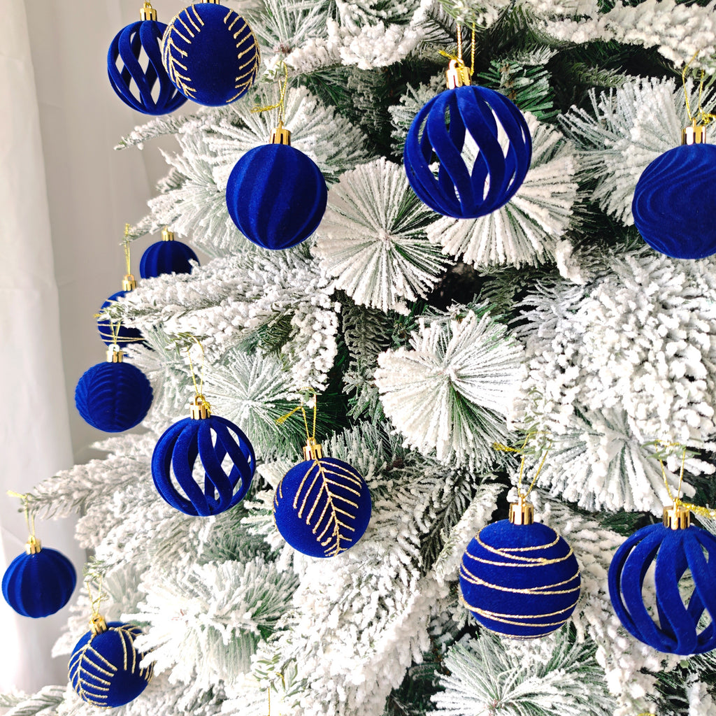 Detailed view of flocked painted Christmas balls with metallic finish