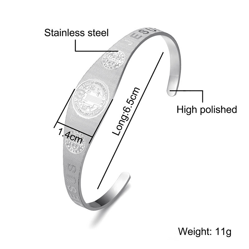 Saint Benedict holy medal centered on masculine steel bracelet