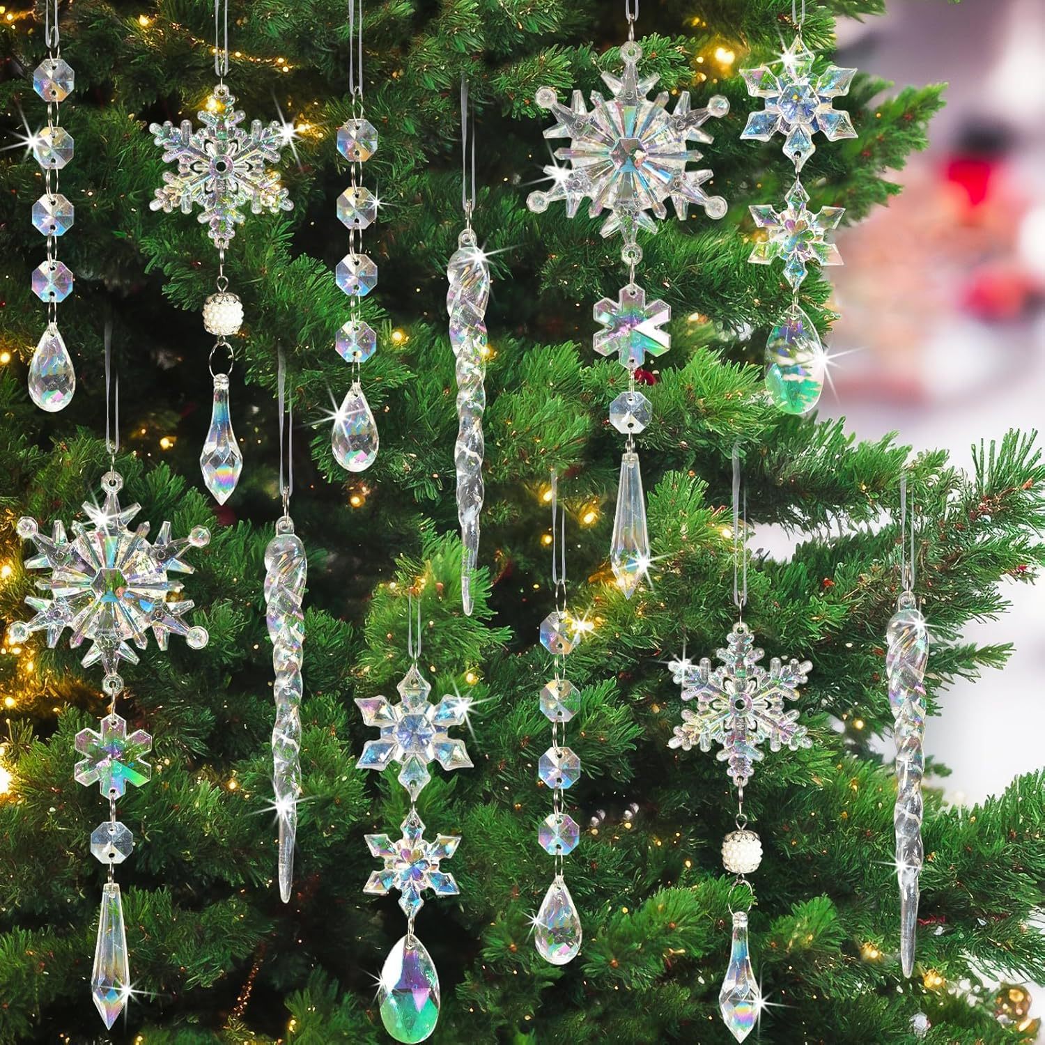 Snowflake crystal pendants arranged for holiday gifting