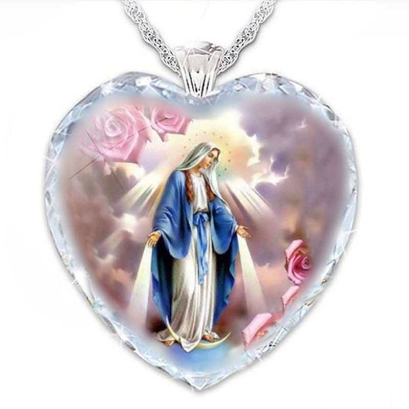 Blue crystal pendant necklace featuring a Jesus heart design for women of faith