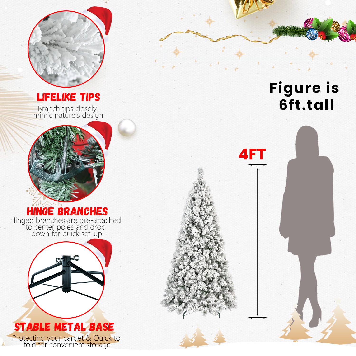 Full view of decorated flocked Christmas tree for holiday celebrations