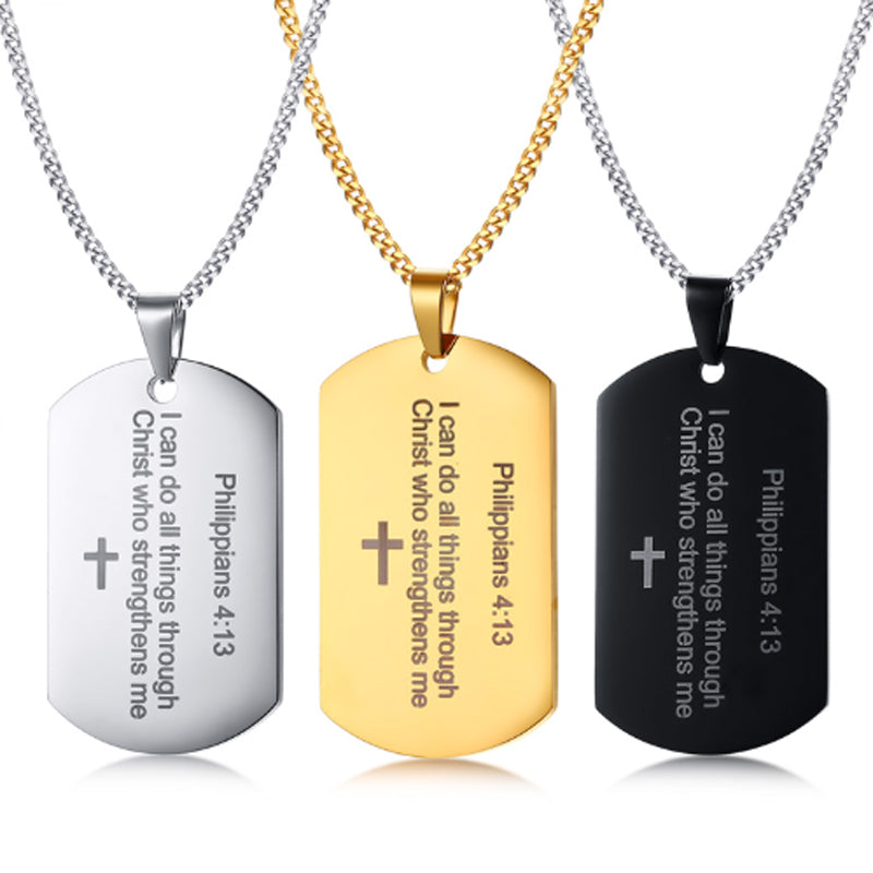 Stainless steel pendant detail showing geometric design and scripture text - Christian gift