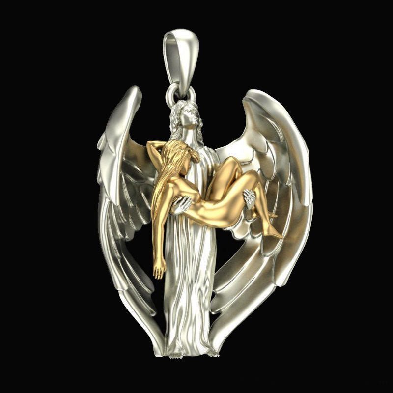 Vintage styled Jesus wings necklace displayed on dark background for masculine appeal