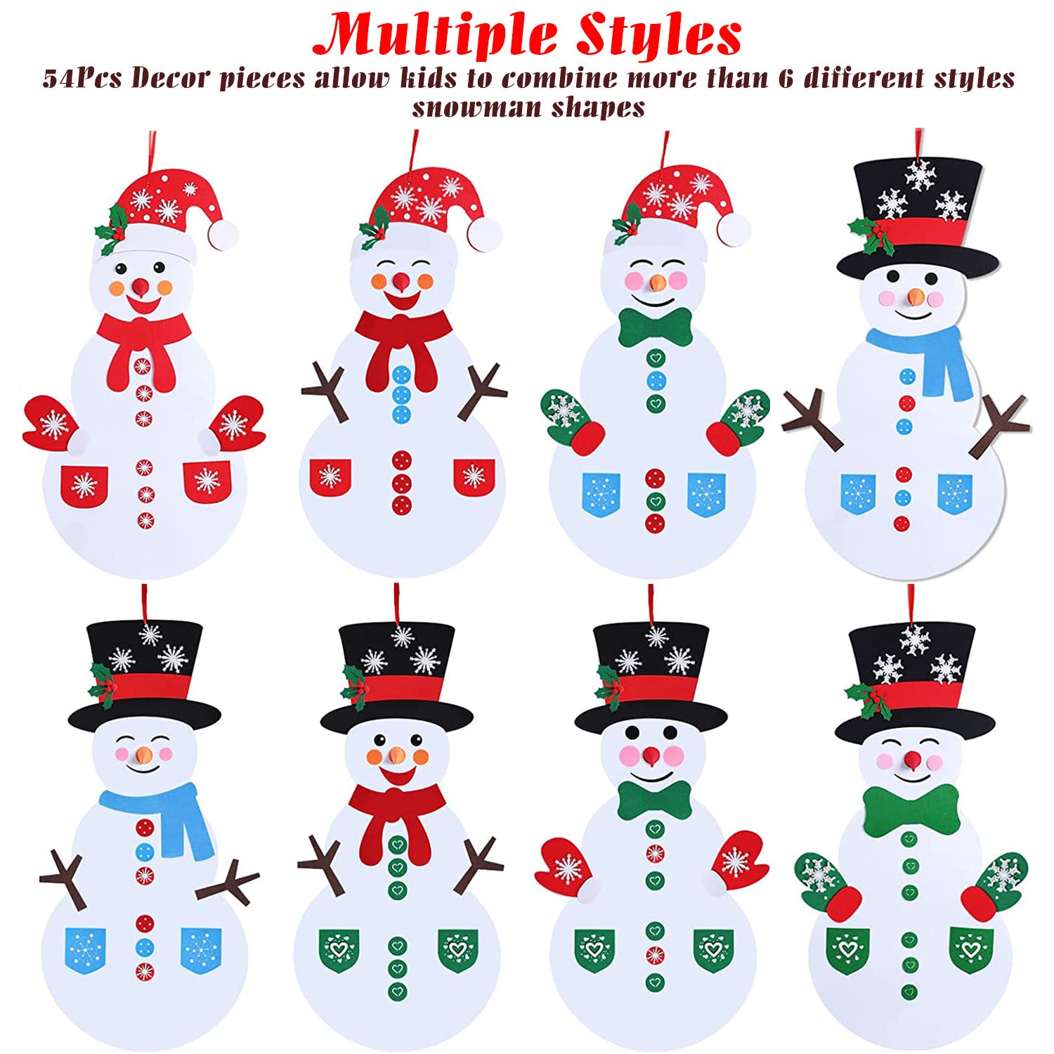 Colorful felt snowman decoration with multiple accessories arranged on craft table