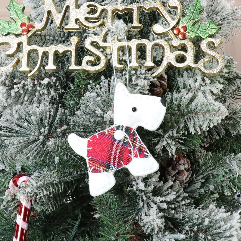 Dressed checkered dog ornament in brown with Christmas tree pendant Main image