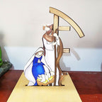 Artisan-style wooden nativity scene with rustic finish depicting the biblical story of Christ's birth