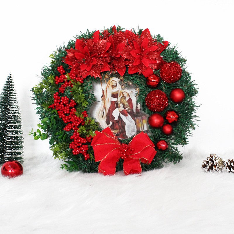Jesus Christmas wreath with sacred figure in red, festive holiday decoration for home Main image