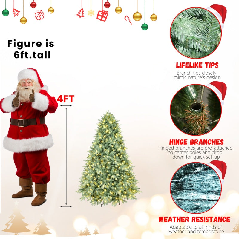 Full green Christmas tree with warm white lights surrounded by wrapped presents