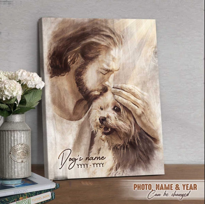 Jesus embraces dog memorial canvas wall art for pet remembrance and comfort Main image