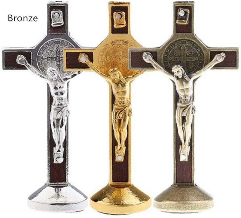 St Benedict cross ornament with inlaid wood strips showing exorcising Jesus motif Main image
