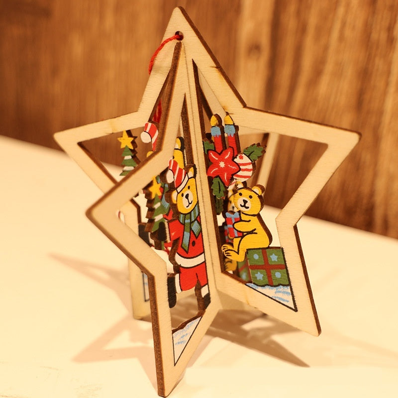 Set of wooden bell and star Christmas ornaments arranged on a festive surface