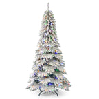 Pre-lit LED Christmas tree in full decoration with ornaments in festive home setting