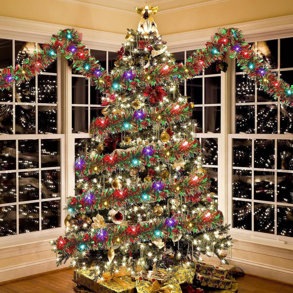 Flower-shaped Christmas lights glowing warm white