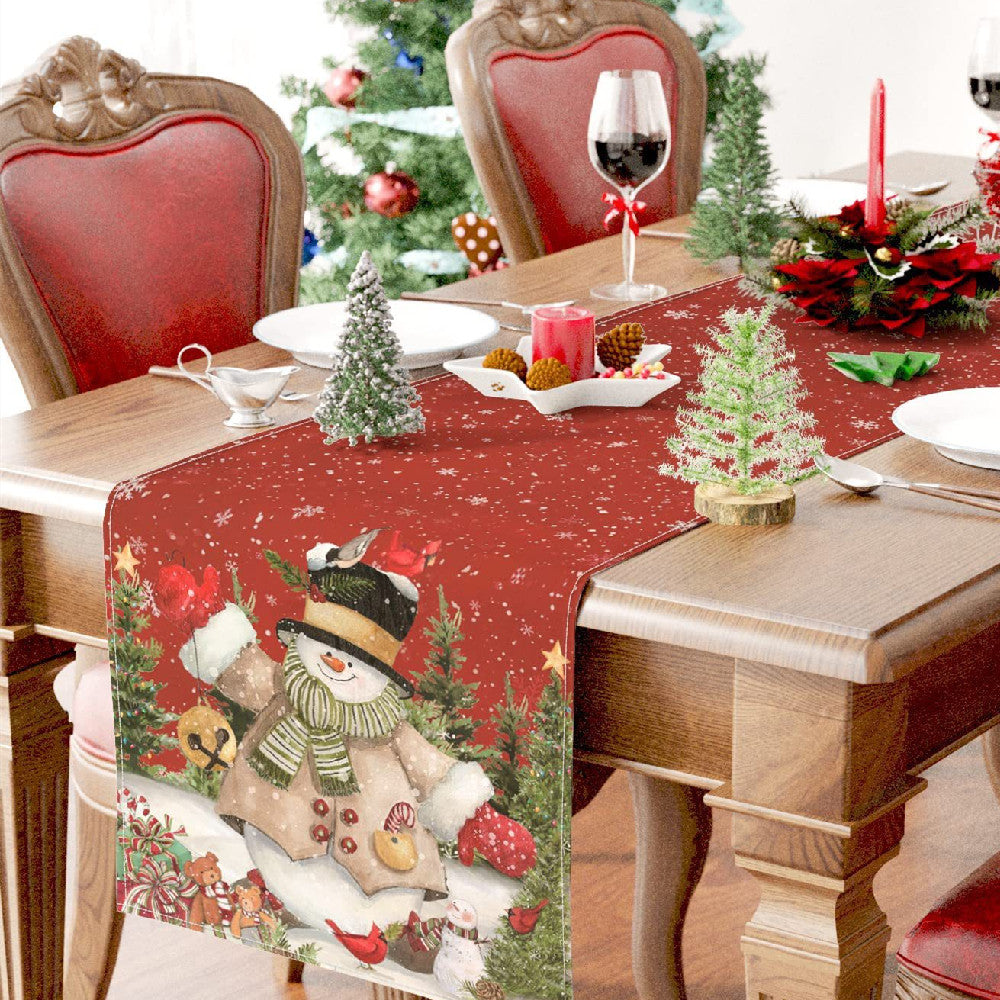 Linen table runner with snowman theme for Christmas home decorating