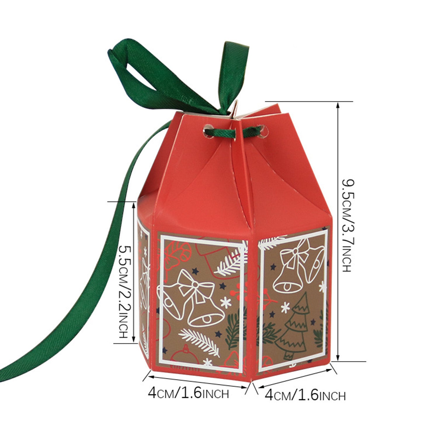 Set of 20 Christmas paper hexagon boxes in red green yellow blue with ribbons arranged in grid pattern