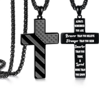 Close-up view of scripture inscription on patriotic cross necklace