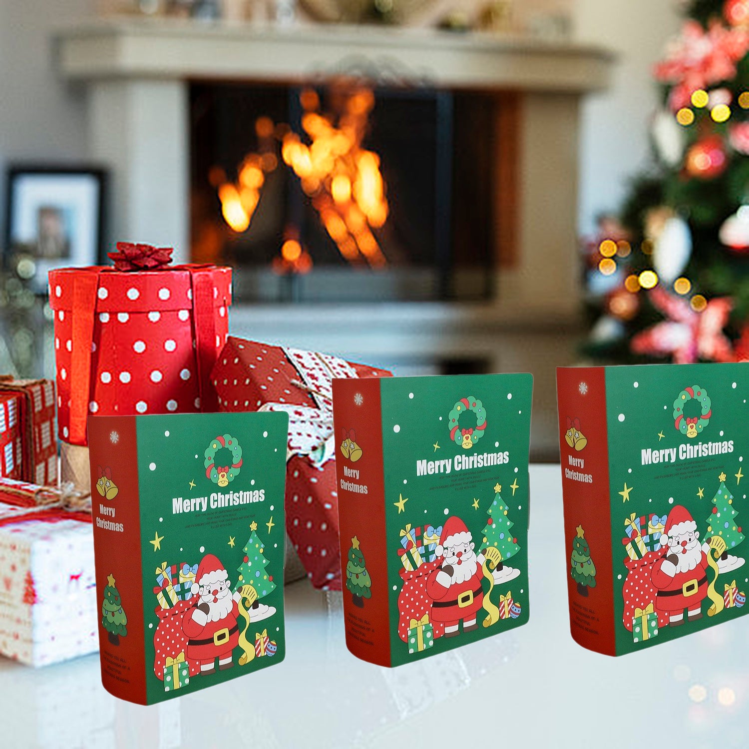 Green storybook gift boxes for Christmas celebrations