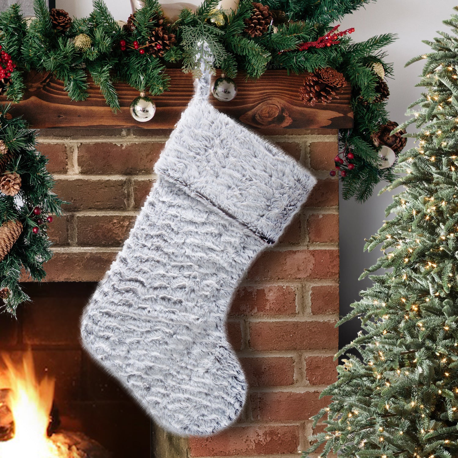 Gray flannel Christmas socks pendant ornament for festive holiday decor Main image