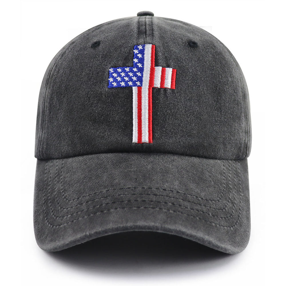 Detailed embroidery stitching close-up on the Christian cross and flag design on the cap
