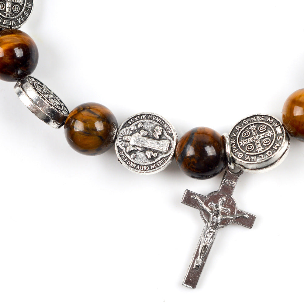 Saint Benedict Tiger Eye Rosary Bracelet featuring tiger eye beads and crucifix for Catholic faith devotion