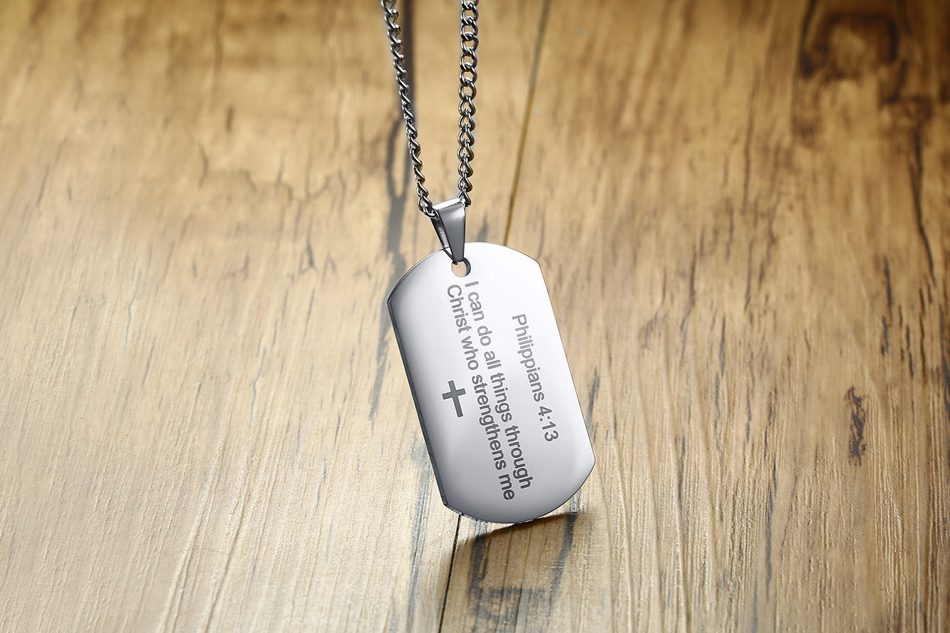 Men's Philippians Bible Verse Pendant Necklace displayed on dark background - Christian jewelry Main image