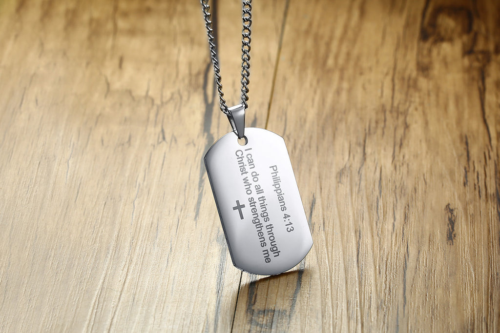 Men's Philippians Bible Verse Pendant Necklace displayed on dark background - Christian jewelry
