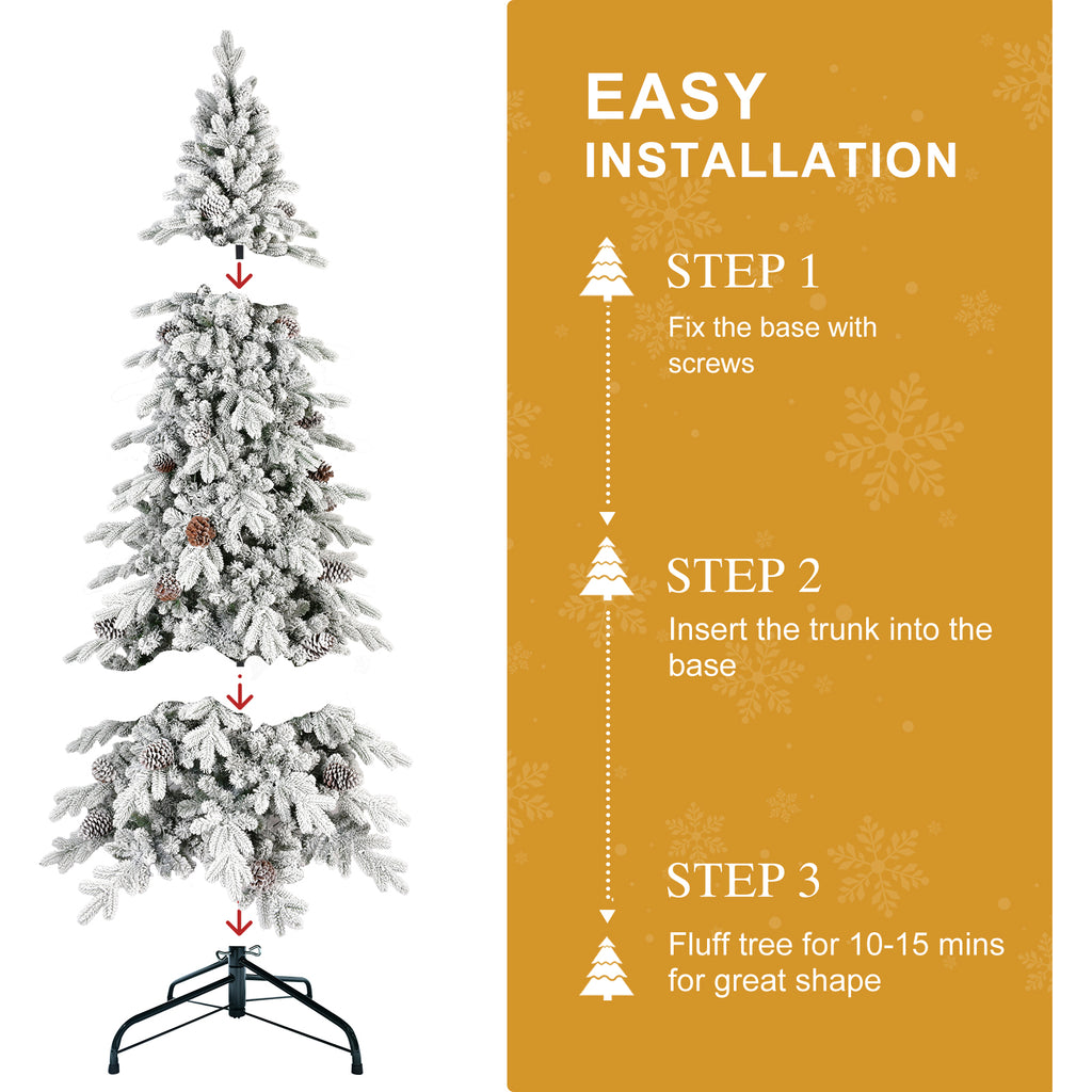 Unboxed flocked Christmas tree with pine cone decorations ready for assembly