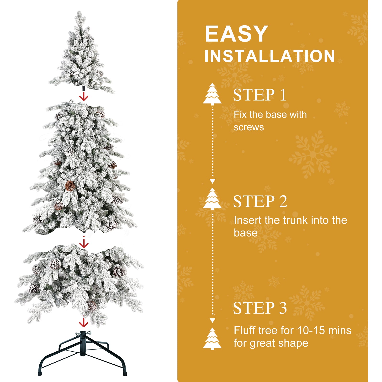 Unboxed flocked Christmas tree with pine cone decorations ready for assembly