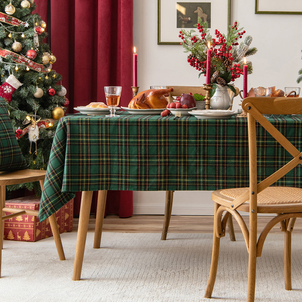 Cozy Christmas table setting with lattice tablecloth