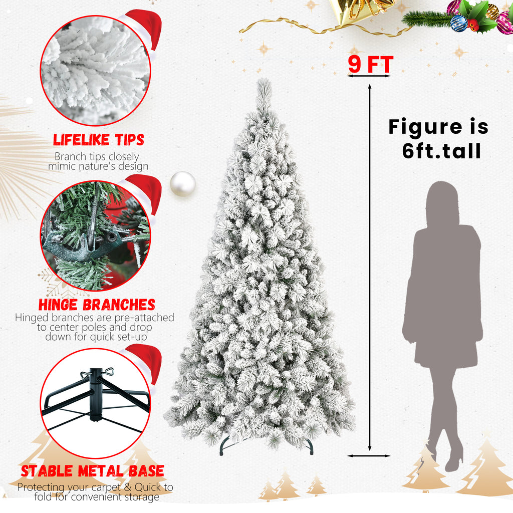 Family gathering around illuminated pre-lit flocked Christmas tree