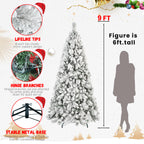 Family gathering around illuminated pre-lit flocked Christmas tree