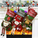 Colorful trio of Christmas stockings - Santa, Snowman, Reindeer - displaying together for holiday family decorating