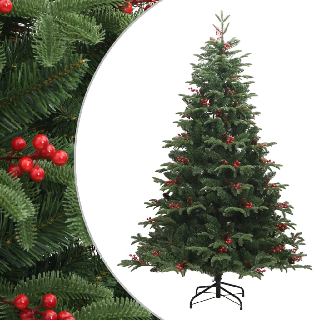 Close-up of textured pine cones and red berries nestled among green artificial tree foliage
