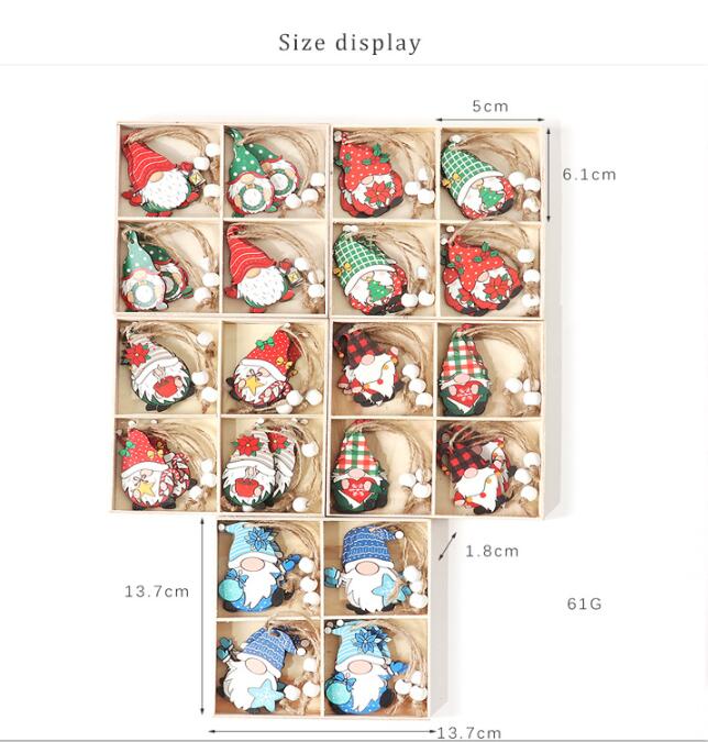 12 wooden Christmas pendant decorations arranged in wooden box