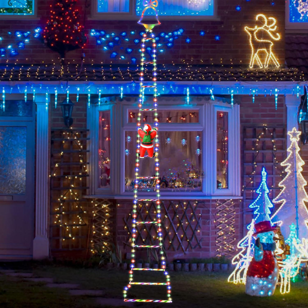 Festive holiday light display with Santa and ladder design