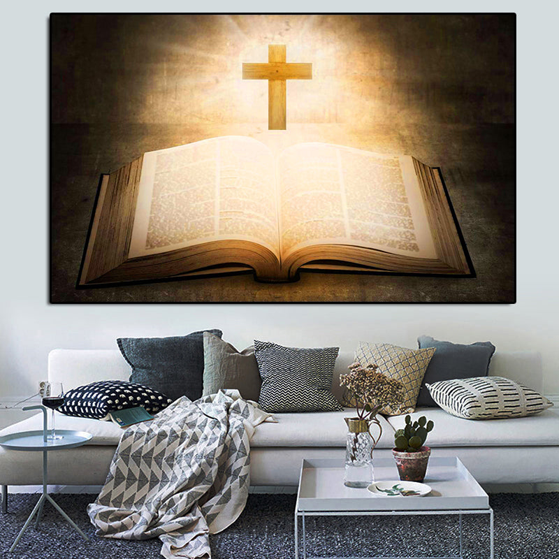 Close-up of oil on canvas cross artwork with warm radiant tones