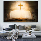 Close-up of oil on canvas cross artwork with warm radiant tones